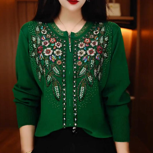 Cute Dark Green Embroidered Rhinestone Flower Top