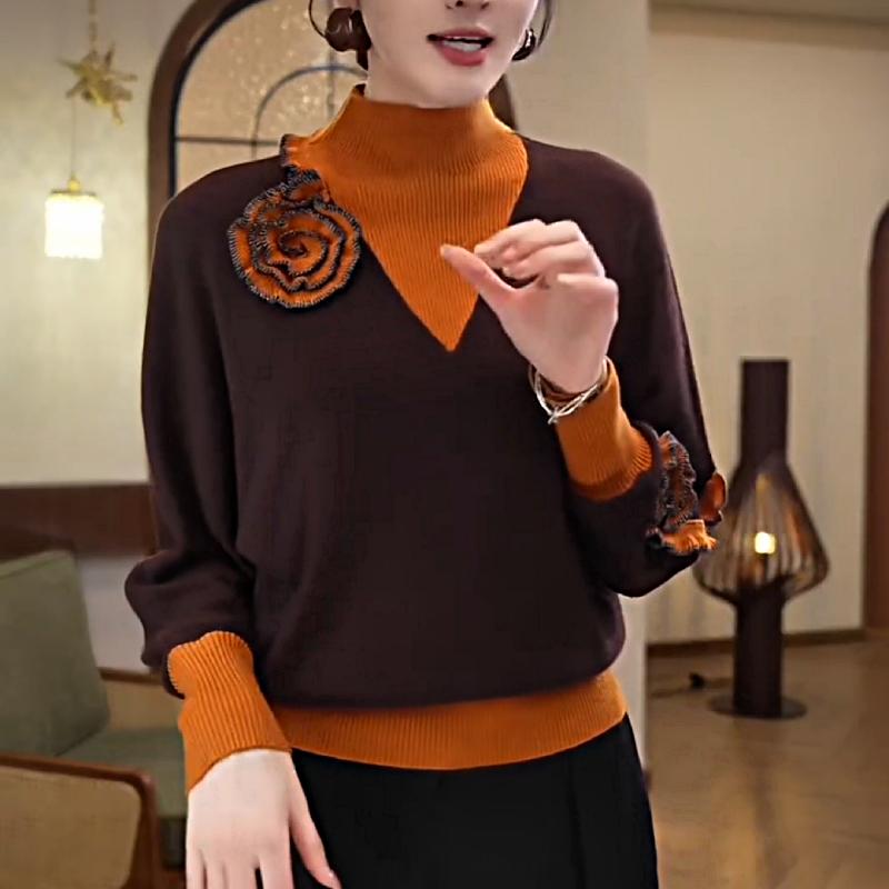 Stylish Colorblock Floral High Collar Wool Top