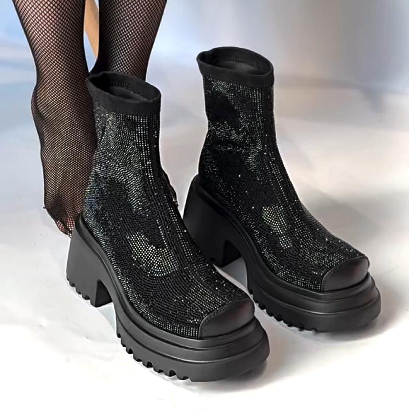 Shiny Rhinestone Platform Ankle Boots