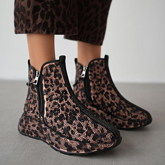 Cute Rhinestone Leopard Print Ankle Boots