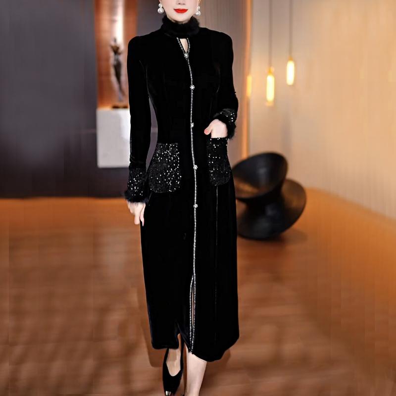 Elegant Sequined Pocket Fur Collar Maxi Dress