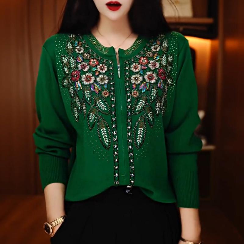 Cute Dark Green Embroidered Rhinestone Flower Top