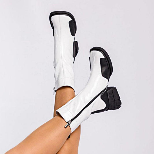 Chic Black and White Zipper Square Toe Boots