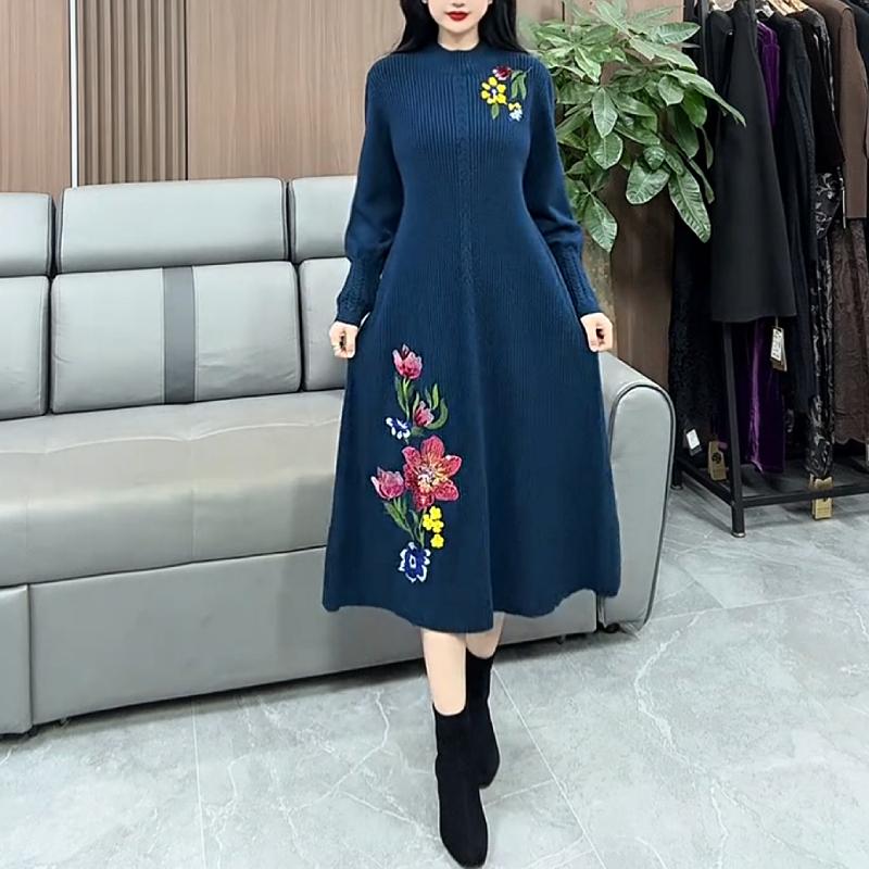 Cute Colorful Flower Knitted Midi Dress