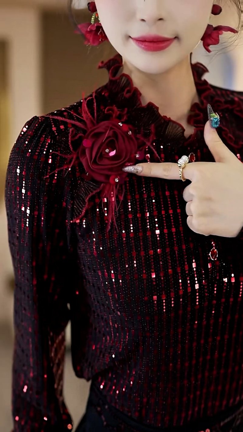 Eye-catching Burgundy Glittery Floral Top