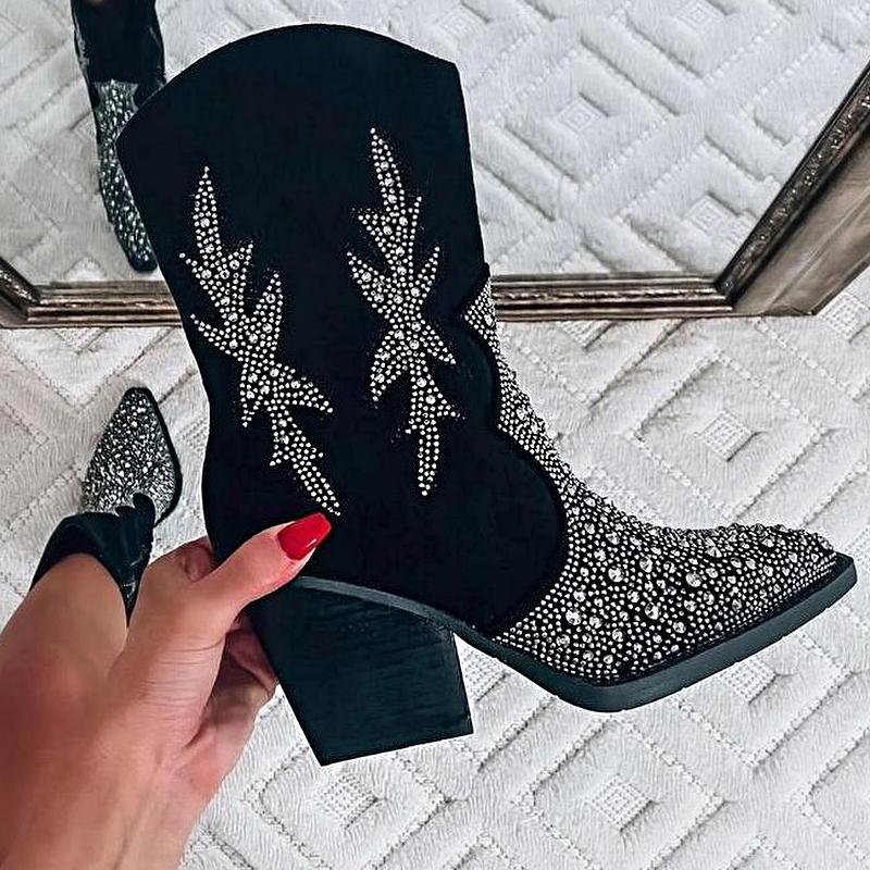 Eye-catching Rhinestone Suede Block Heel Boots