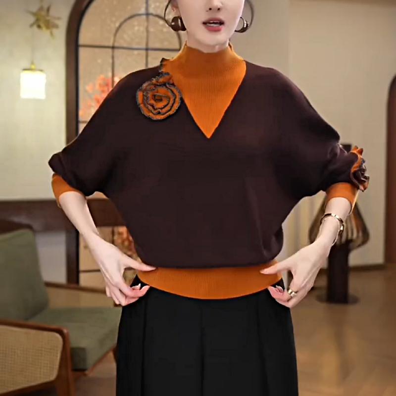 Stylish Colorblock Floral High Collar Wool Top