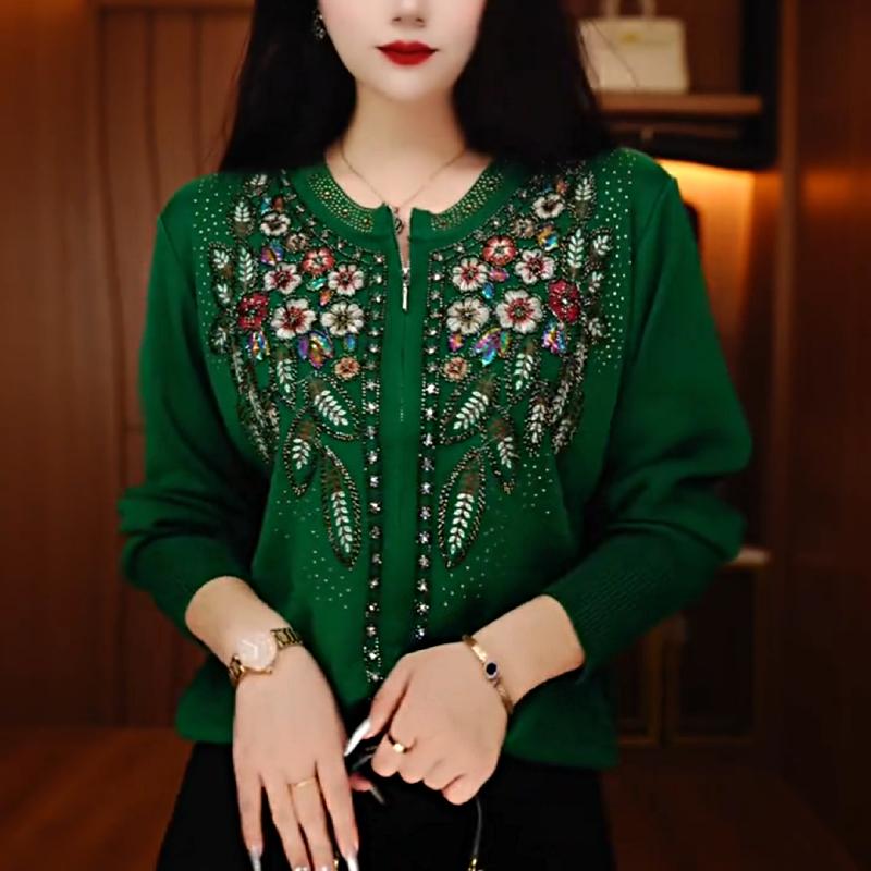 Cute Dark Green Embroidered Rhinestone Flower Top