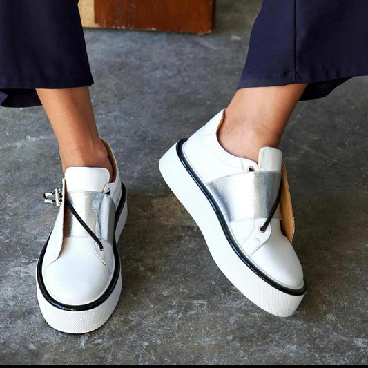 Chic White and Silver Black-edged Sneakers