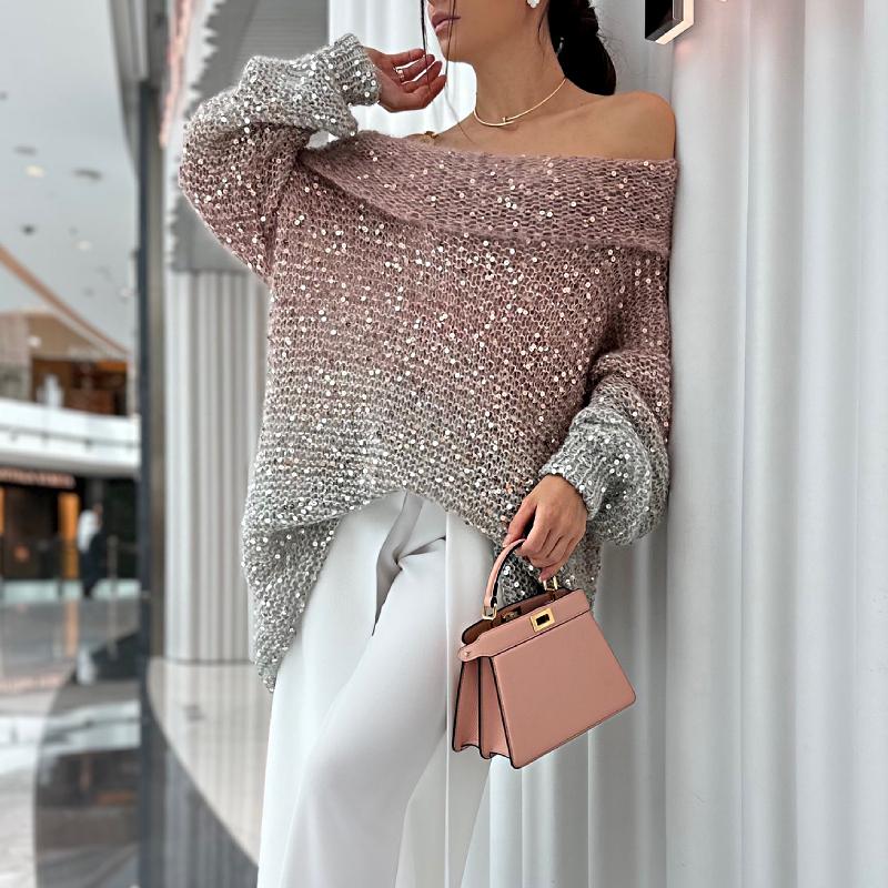 Eye-catching Pink Sequined Off-the-shoulder Sweater