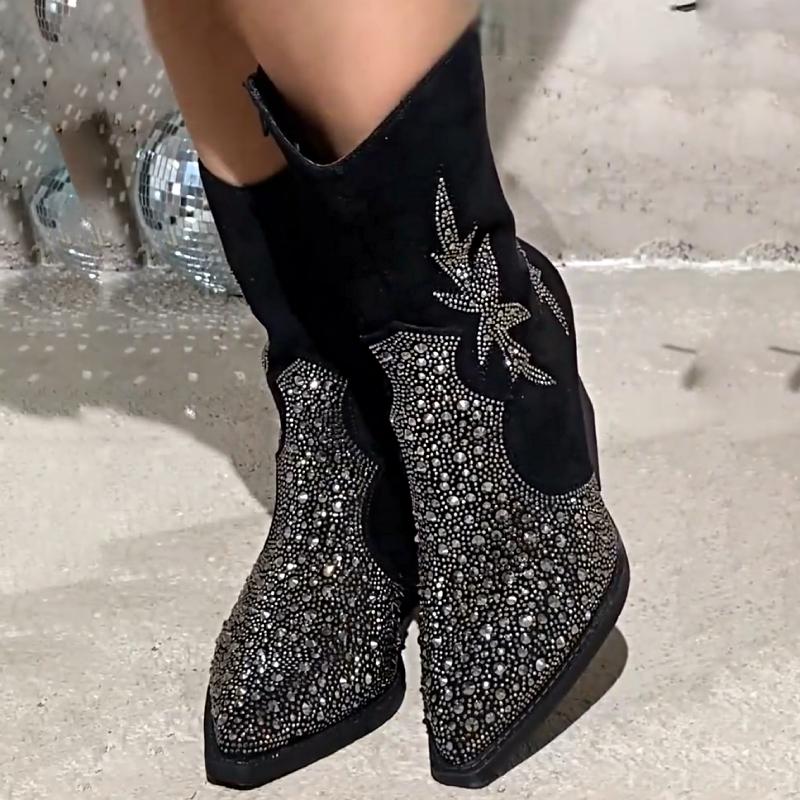 Eye-catching Rhinestone Suede Block Heel Boots