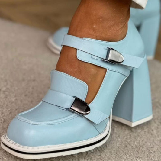 Chic Blue Buckled Block Heels