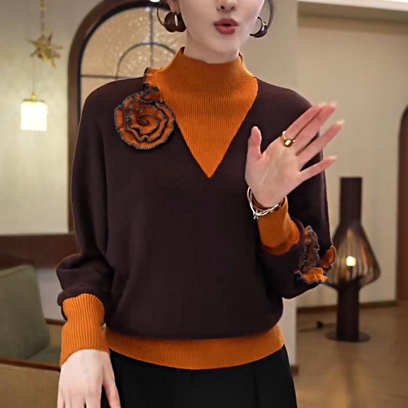 Stylish Colorblock Floral High Collar Wool Top