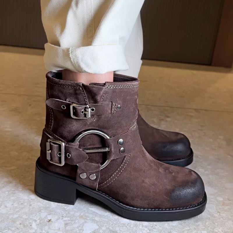 Stylish Leather Buckle Round Toe Boots