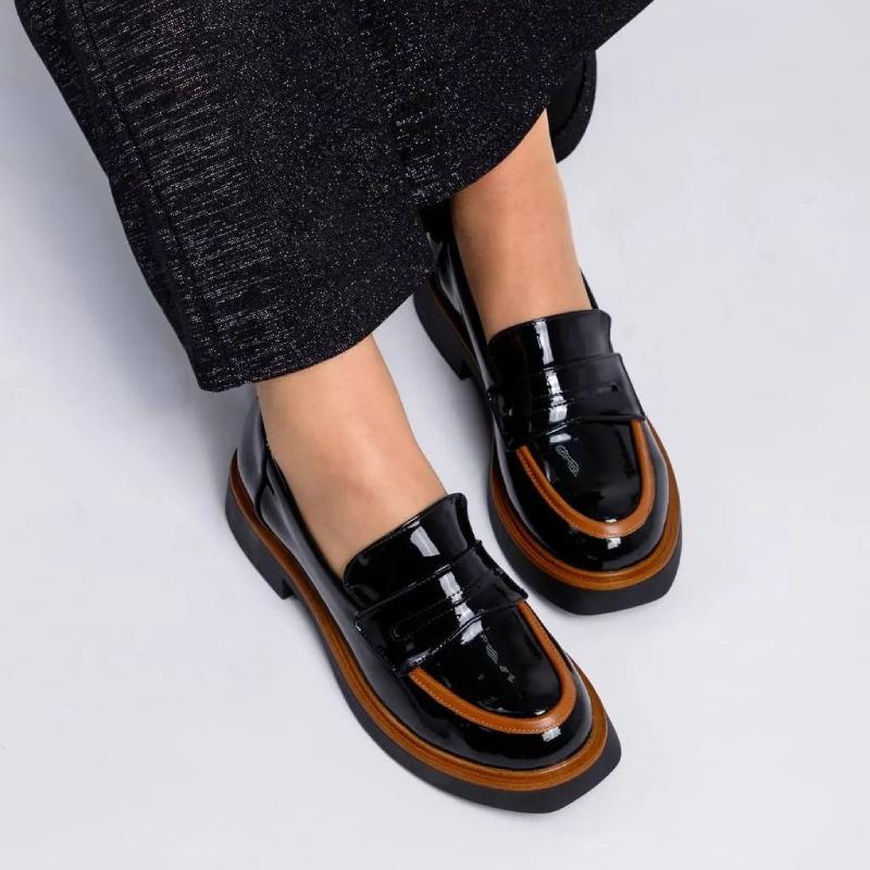 Chic Patent Leather Loafers with Red Trim