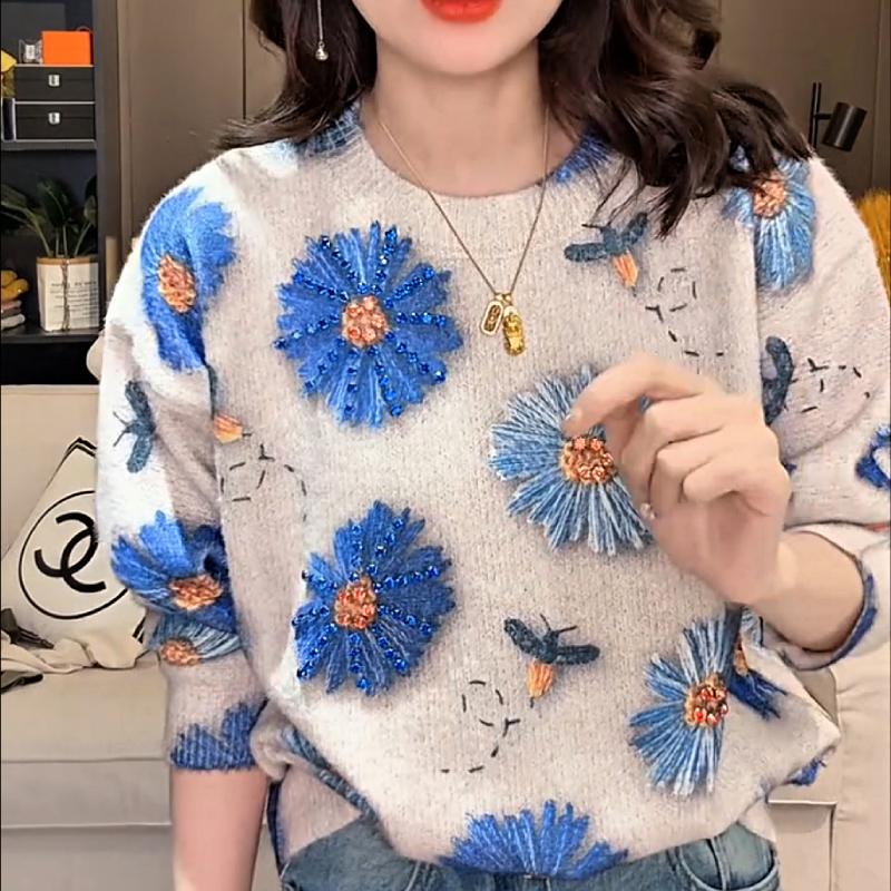 Cute Blue Flower Rhinestone Sweater