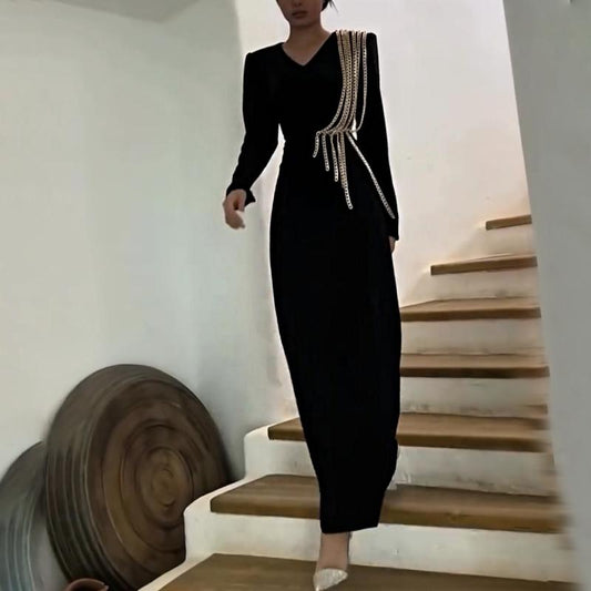 Elegant Chain Black Maxi Dress