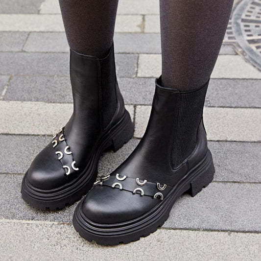 Cute Half-circle Black Leather Boots