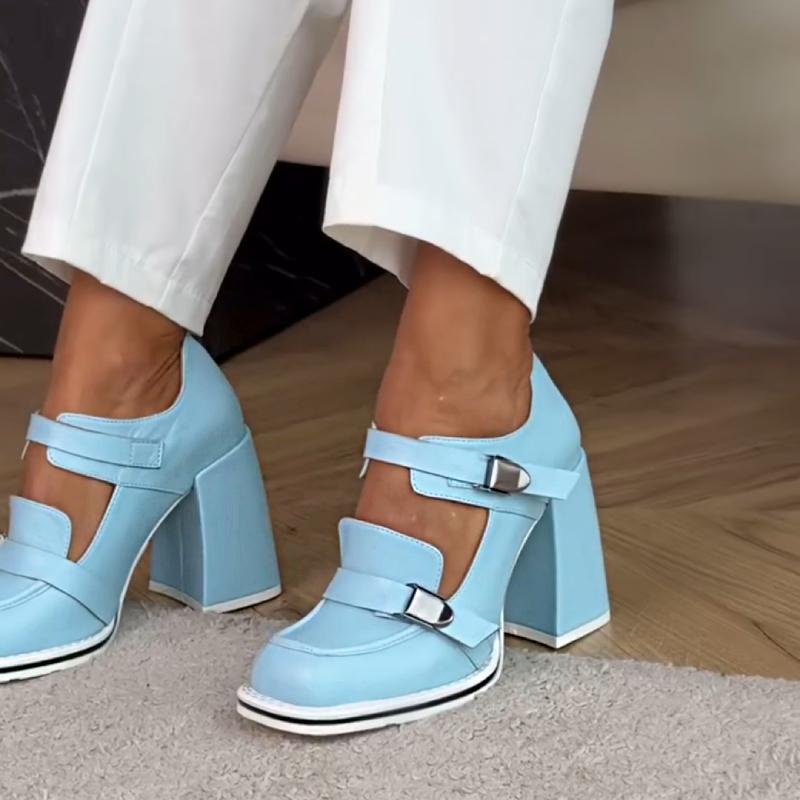 Chic Blue Buckled Block Heels