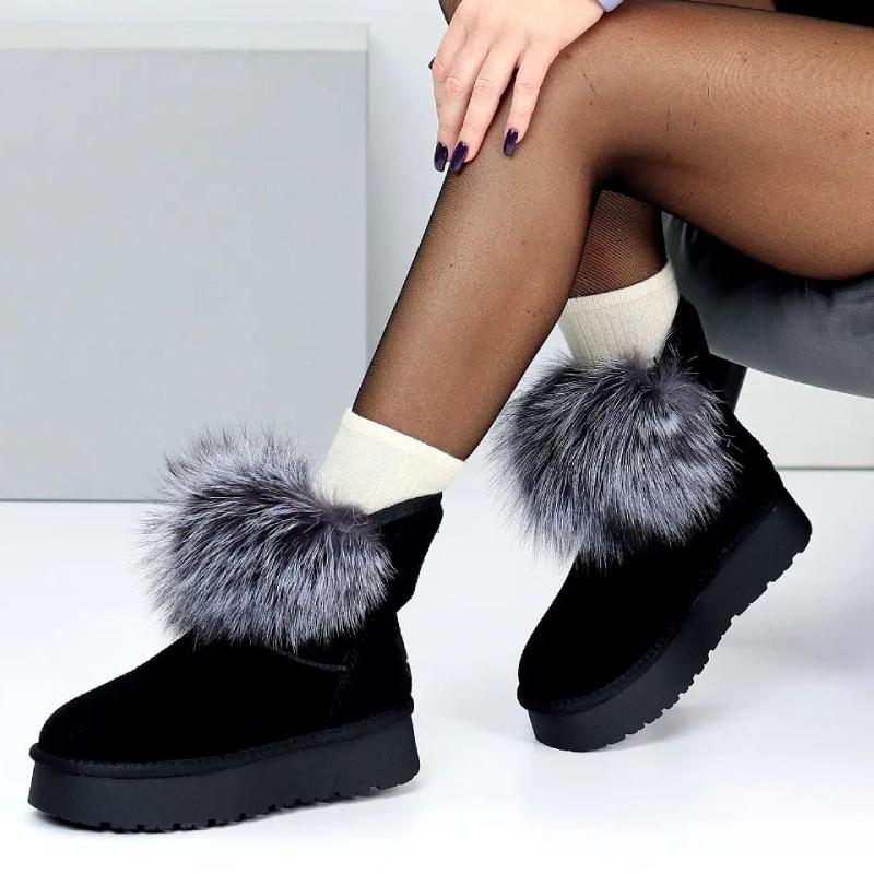 Warm Gray Fur Plus Fleece Snow Boots