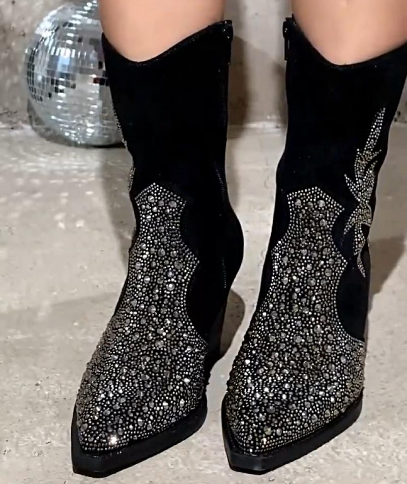 Eye-catching Rhinestone Suede Block Heel Boots