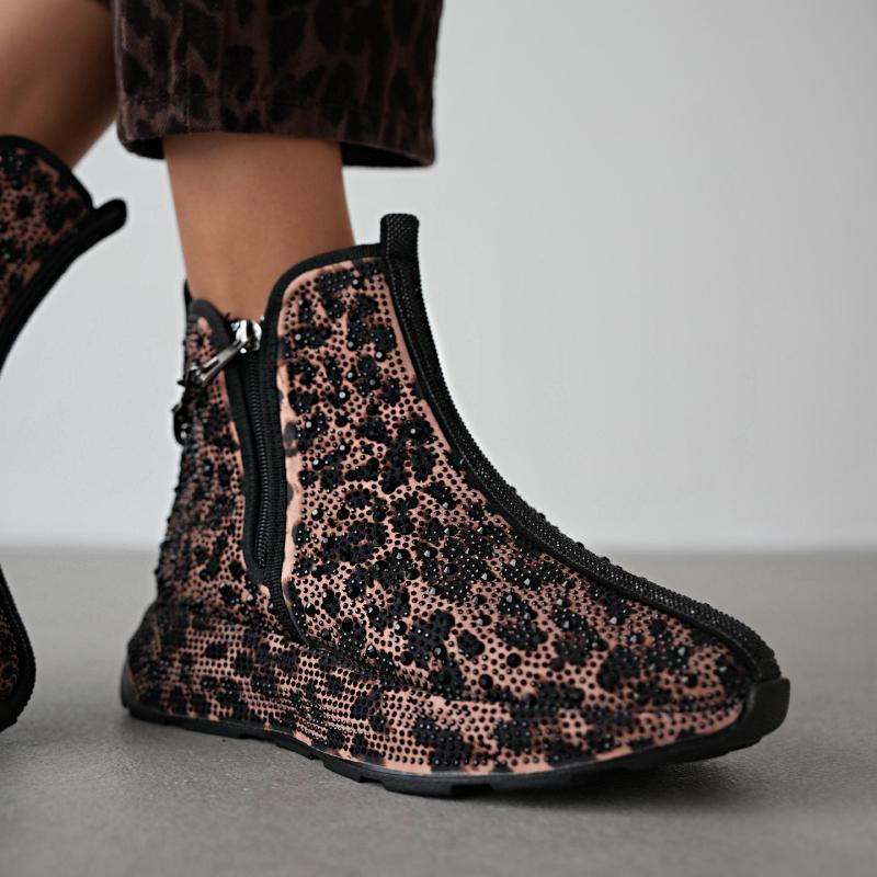 Cute Rhinestone Leopard Print Ankle Boots