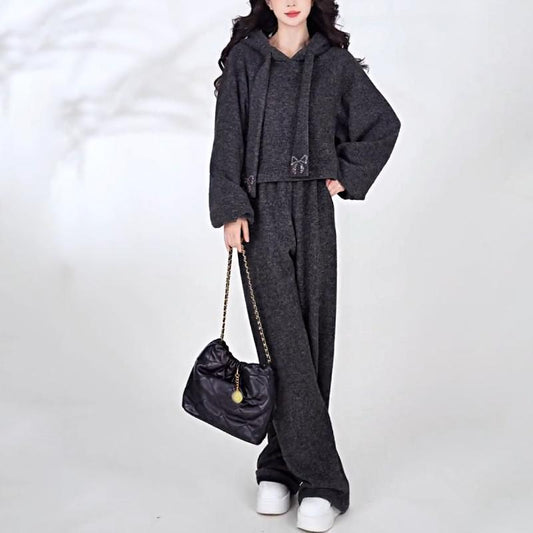 Warm Rhinestone Bow Hooded Sweatshirt + Pants Two-piece Set