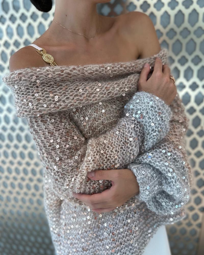 Eye-catching Pink Sequined Off-the-shoulder Sweater