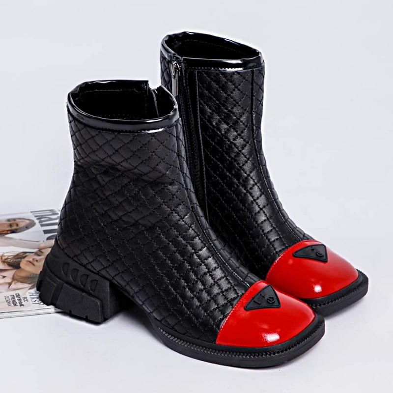 Chic Black and Red Triangle-decorated Ankle Boots