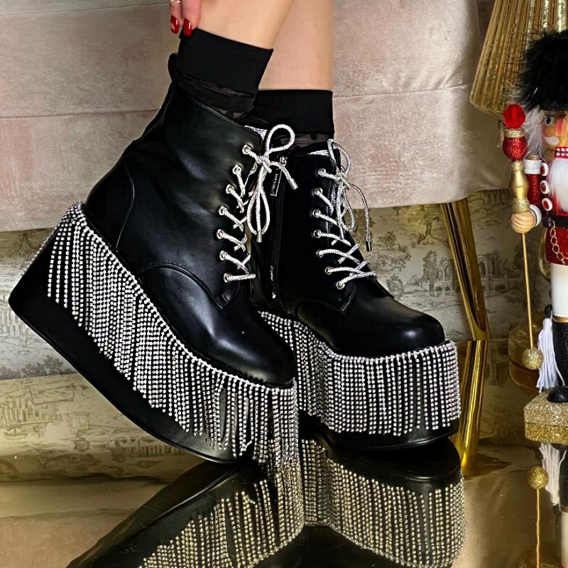 Cute Platform Shiny Tassel Ankle Boots