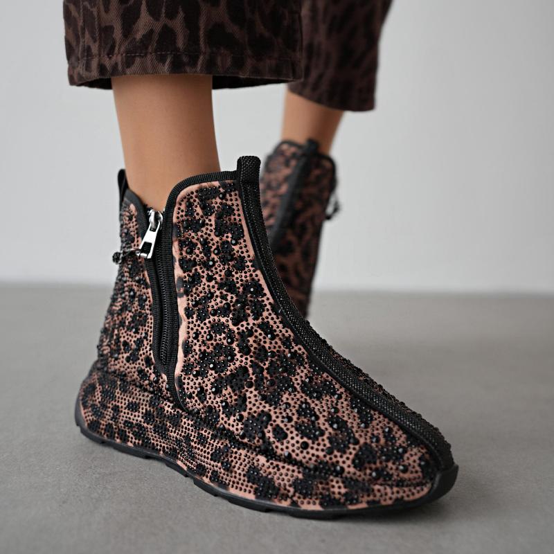 Cute Rhinestone Leopard Print Ankle Boots