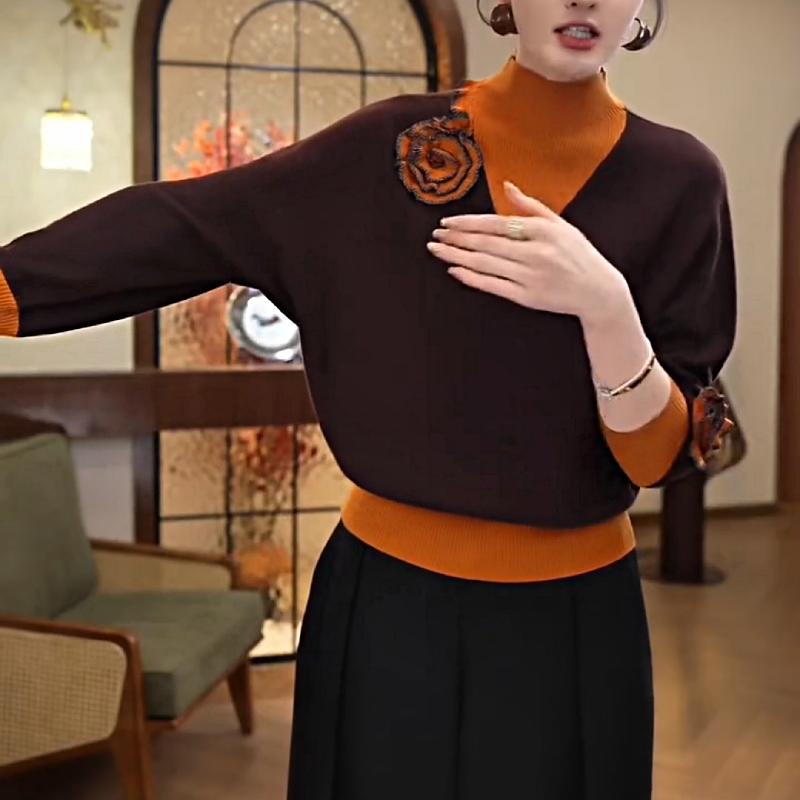 Stylish Colorblock Floral High Collar Wool Top