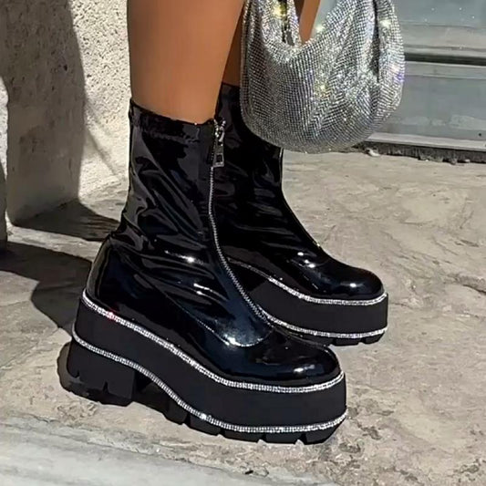 Chic Rhinestone Platform Patent Leather Boots