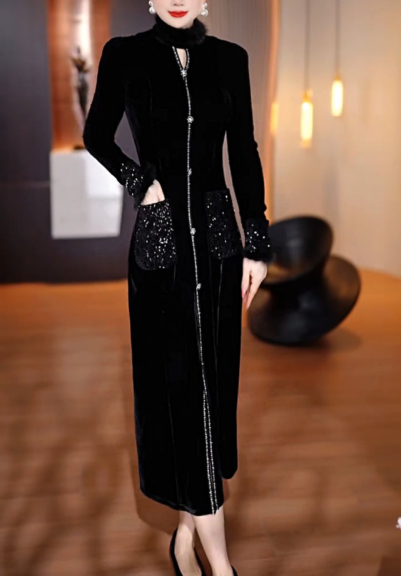 Elegant Sequined Pocket Fur Collar Maxi Dress