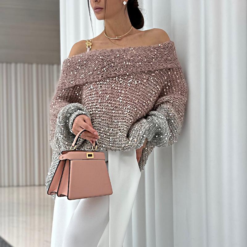 Eye-catching Pink Sequined Off-the-shoulder Sweater