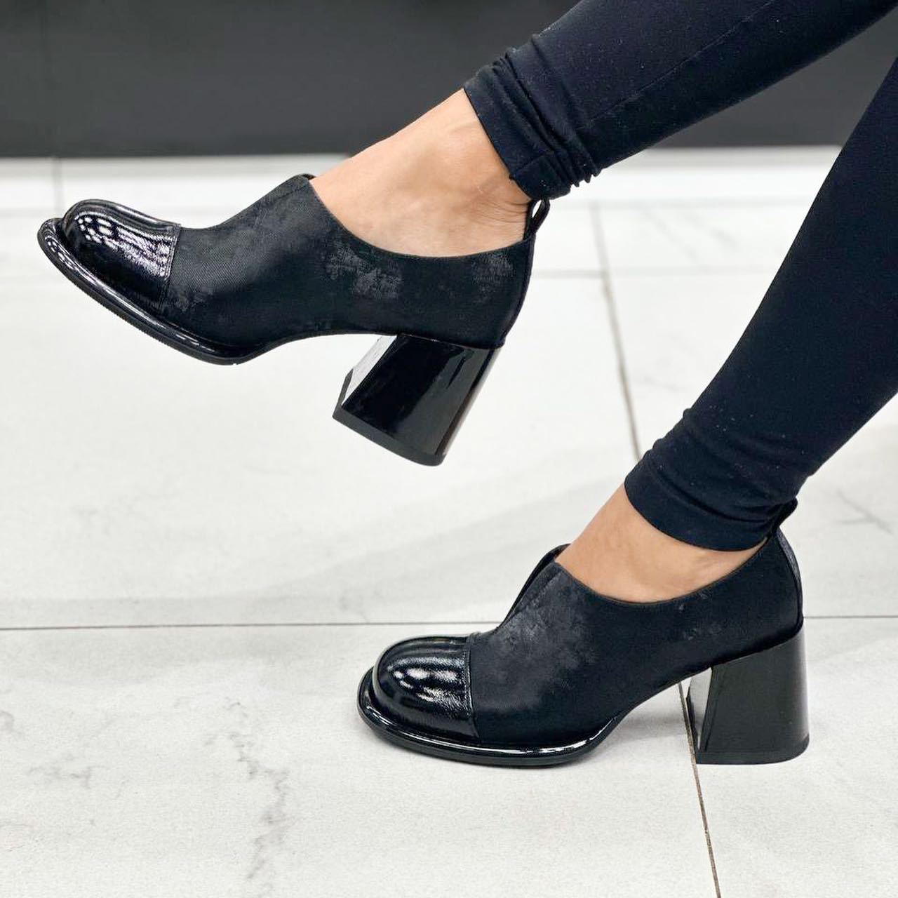 Chic Black Patchwork Leather Block Heels