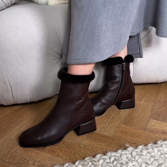 Chic Textured Leather Furry Zip-up Boots