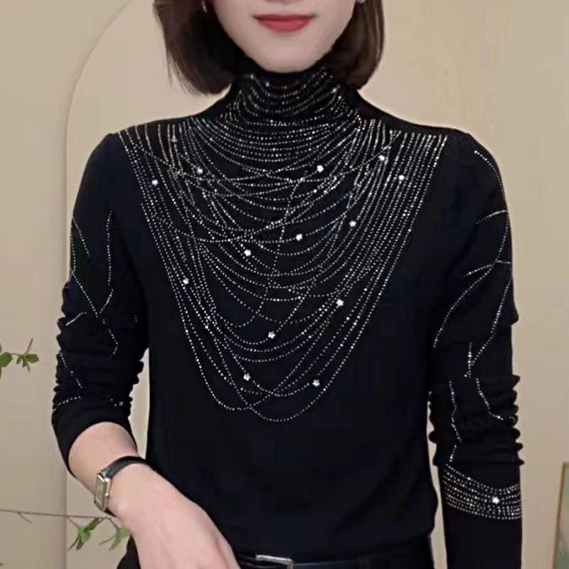 Cute Rhinestone Turtleneck Top