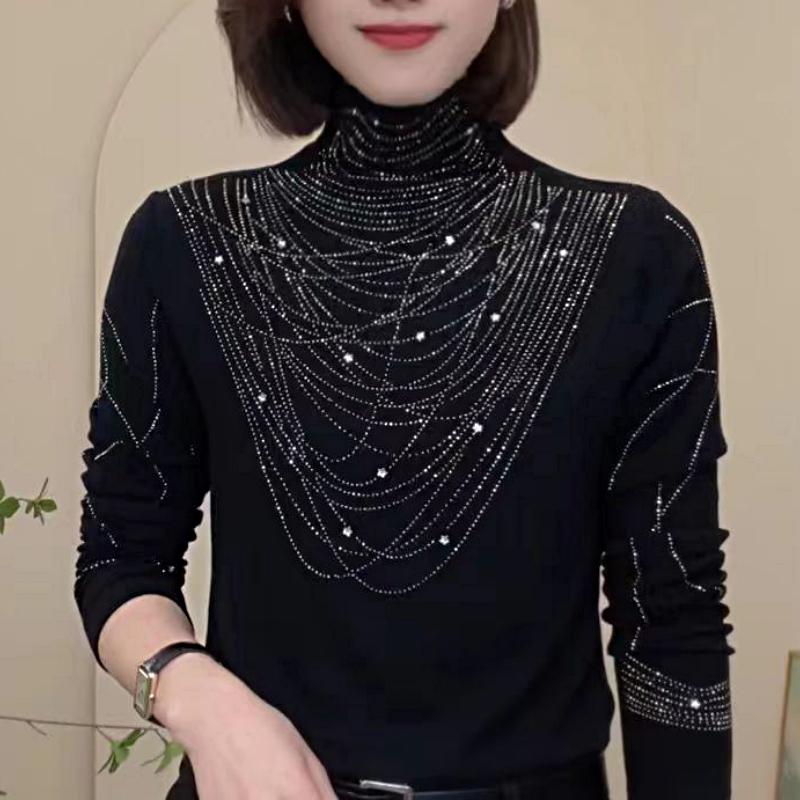 Cute Rhinestone Turtleneck Top