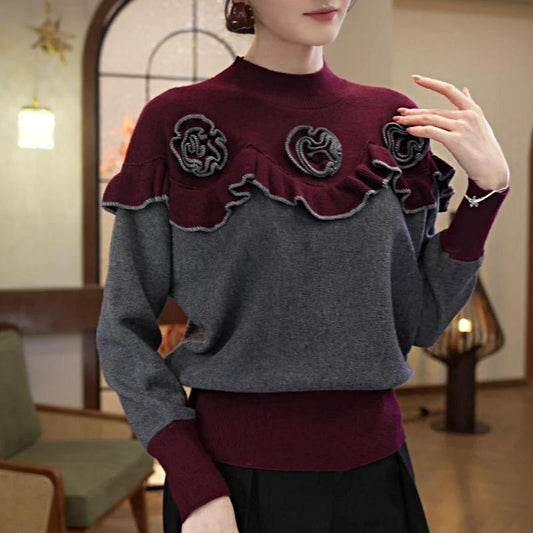 Cute Colorblock Three-flower Wool Top