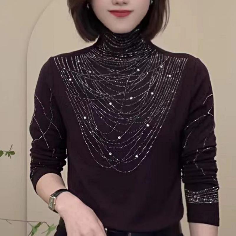 Cute Rhinestone Turtleneck Top