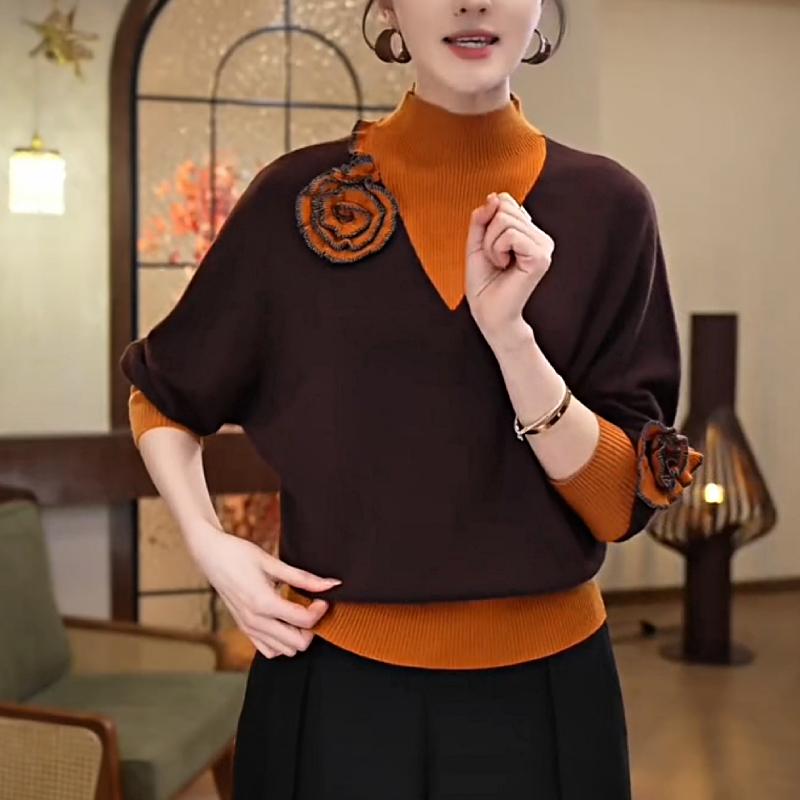 Stylish Colorblock Floral High Collar Wool Top