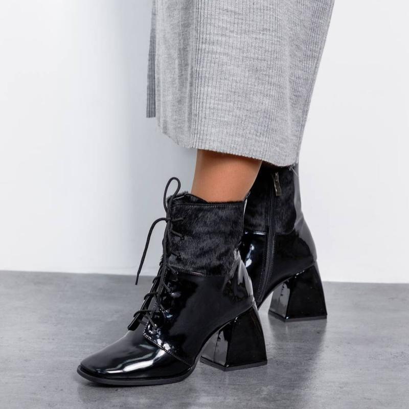 Chic Black Fur Stitched Patent Leather Zipper Boots