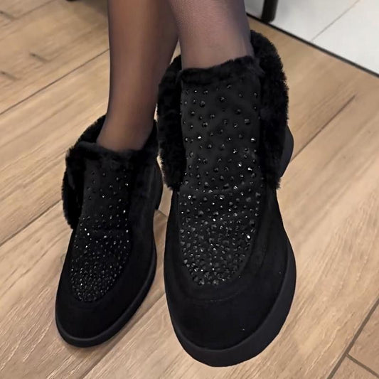 Sparkling Rhinestone Black Fur Shoes