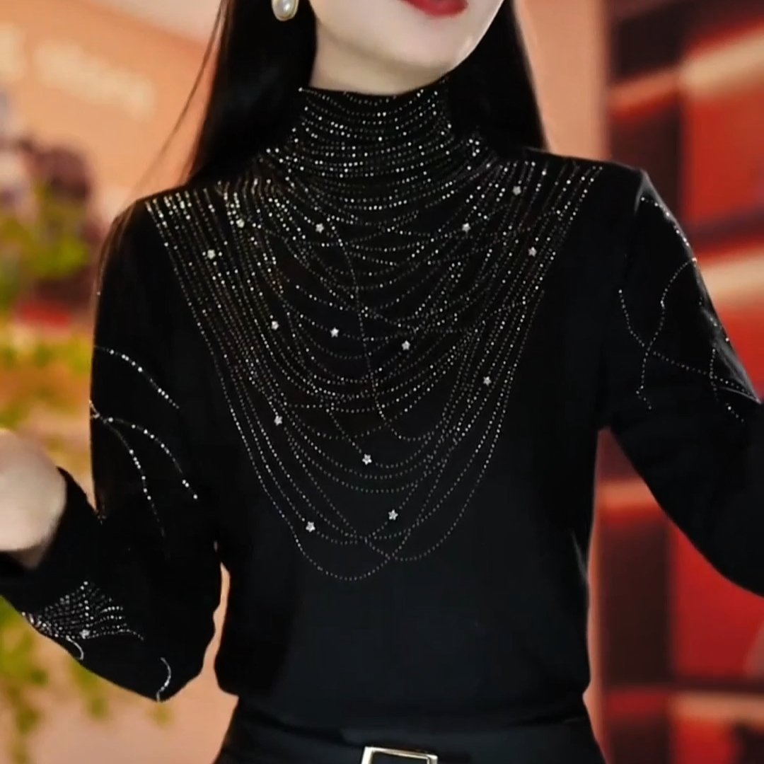 Cute Rhinestone Turtleneck Top