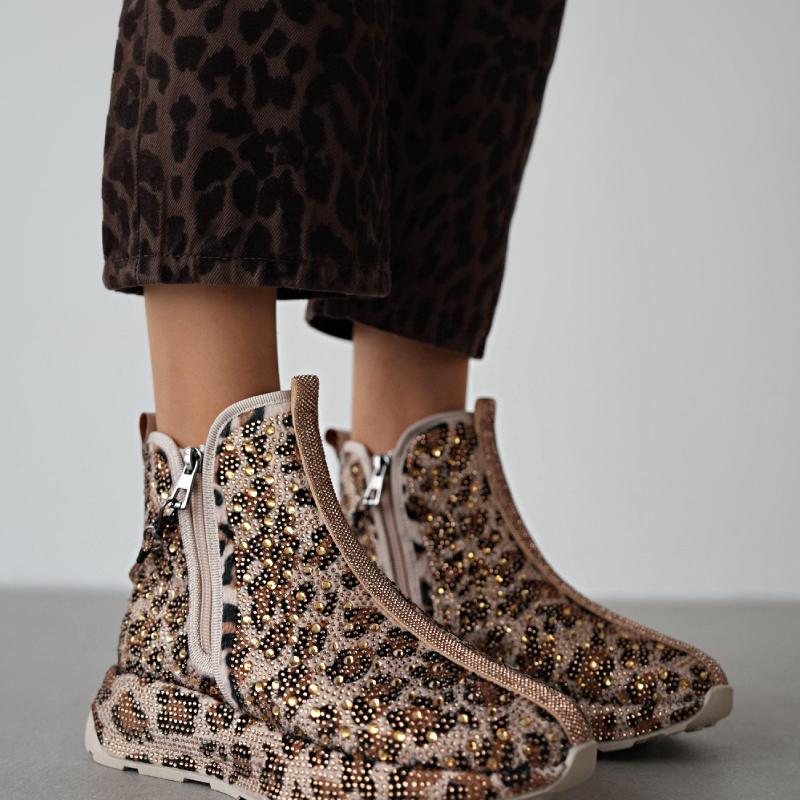 Cute Rhinestone Leopard Print Ankle Boots