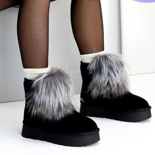 Warm Gray Fur Plus Fleece Snow Boots