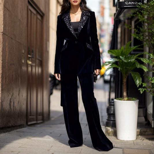 Elegant Sequined Lapel Velvet Two-piece Suit