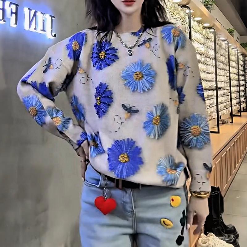 Cute Blue Flower Rhinestone Sweater