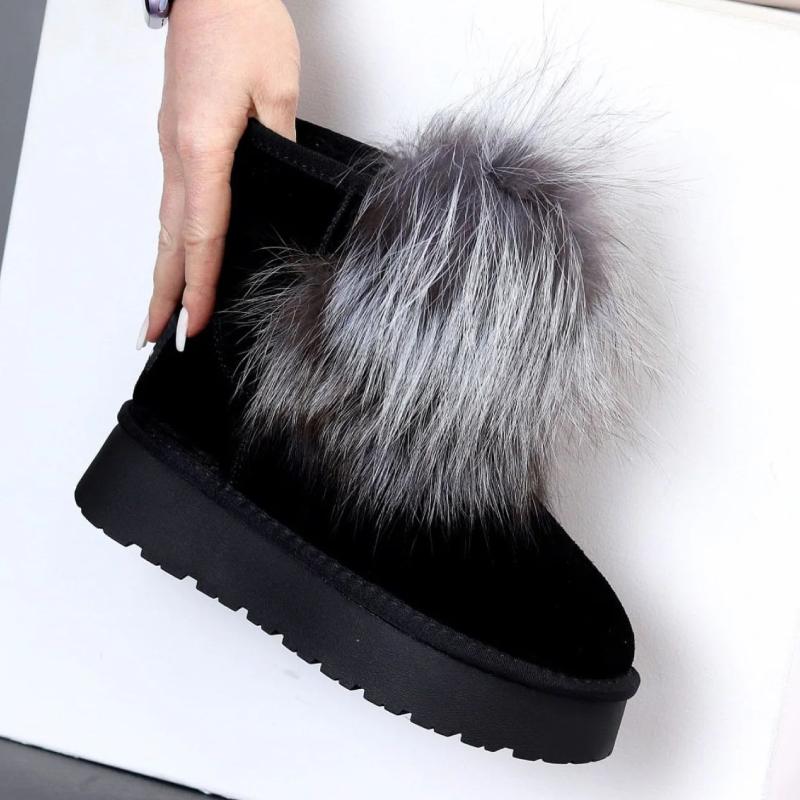 Warm Gray Fur Plus Fleece Snow Boots